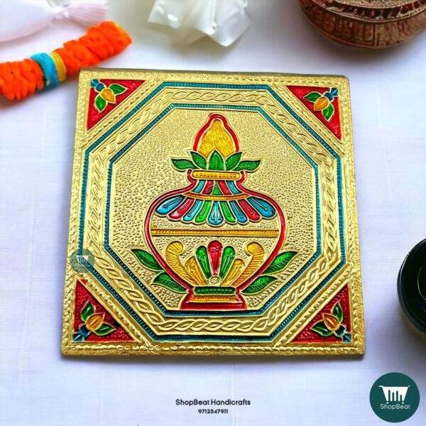 ShopBeat Golden Oxidised Kalash Wooden Pooja Chowki 5x5 Inches
