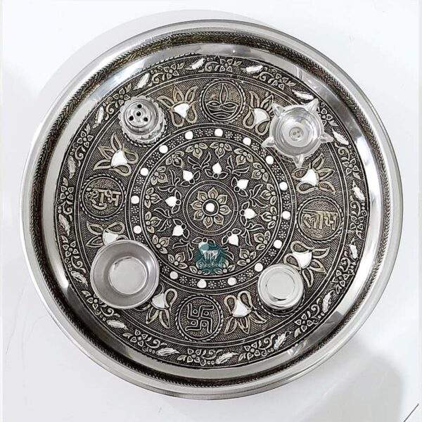 ShopBeat Golden Oxidised Labh Shubh Stainless Steel Pooja Thali 11 inch
