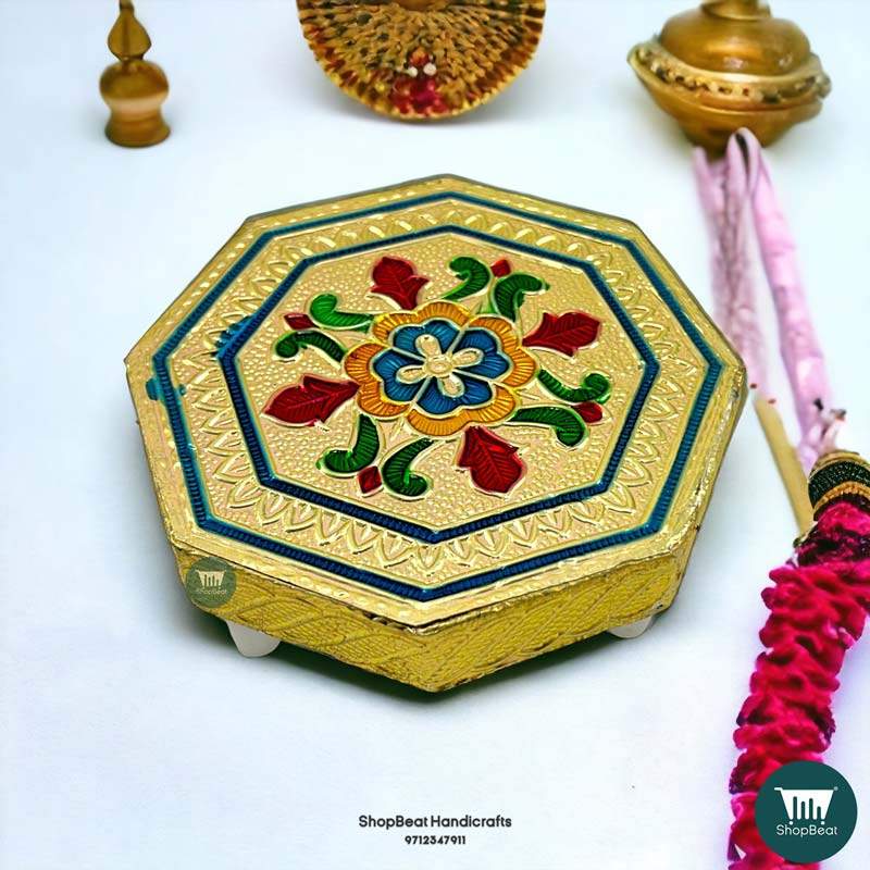 Pooja Chowki\ShopBeat Golden Oxidised Octagon Flower Wooden Pooja Chowki 4x4 Inches