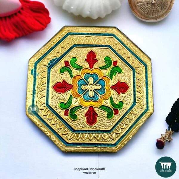 Pooja Chowki\ShopBeat Golden Oxidised Octagon Flower Wooden Pooja Chowki 4x4 Inches