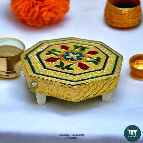 Pooja Chowki\ShopBeat Golden Oxidised Octagon Flower Wooden Pooja Chowki 4x4 Inches
