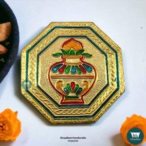 ShopBeat Golden Oxidised Octagon Kalash Wooden Pooja Chowki 4x4 Inches