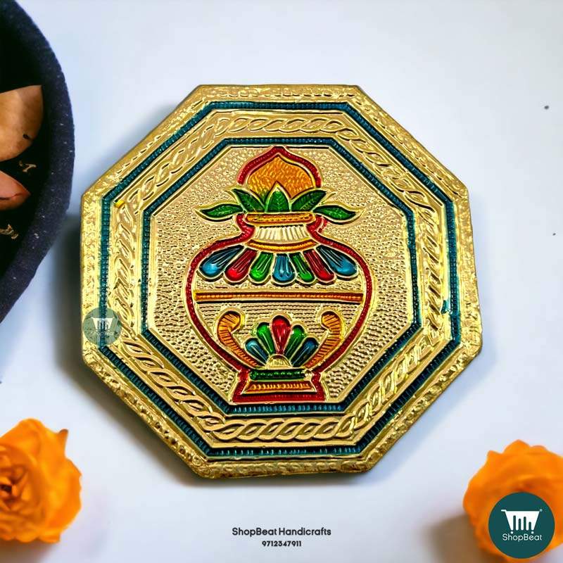 ShopBeat Golden Oxidised Octagon Kalash Wooden Pooja Chowki 4x4 Inches