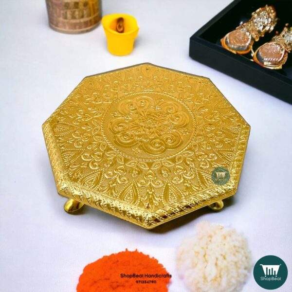ShopBeat Golden Oxidised Octagon Metal Leg Wooden Pooja Chowki 10x10