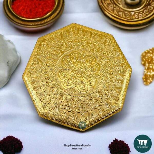 ShopBeat Golden Oxidised Octagon Metal Leg Wooden Pooja Chowki 10x10