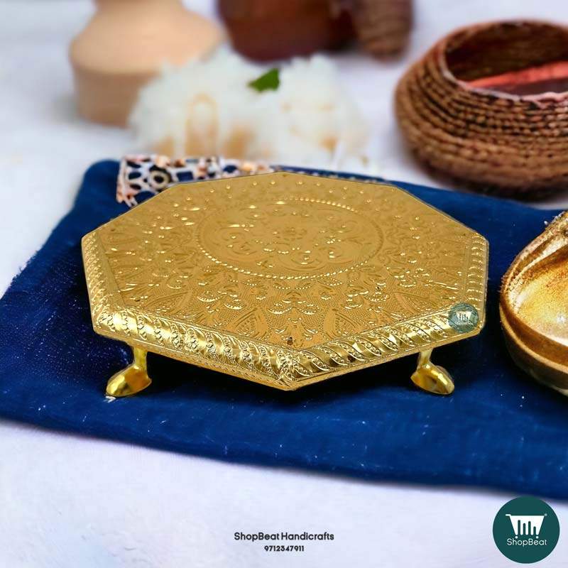 ShopBeat Golden Oxidised Octagon Metal Leg Wooden Pooja Chowki 10x10