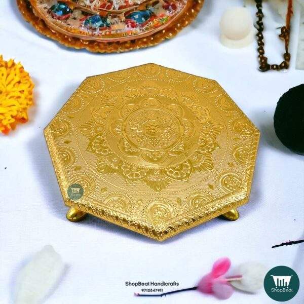 ShopBeat Golden Oxidised Octagon Metal Leg Wooden Pooja Chowki 12x12