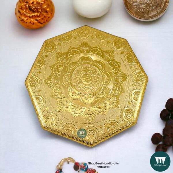 ShopBeat Golden Oxidised Octagon Metal Leg Wooden Pooja Chowki 12x12