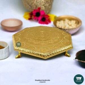 ShopBeat Golden Oxidised Octagon Metal Leg Wooden Pooja Chowki 12x12