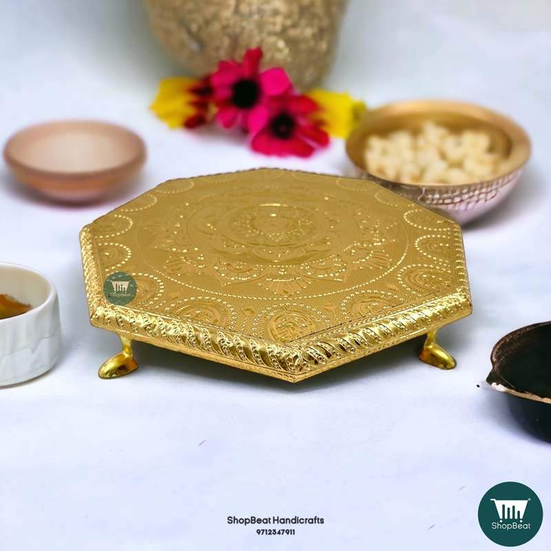 ShopBeat Golden Oxidised Octagon Metal Leg Wooden Pooja Chowki 12x12