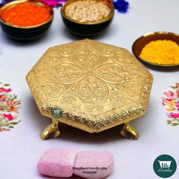 ShopBeat Golden Oxidised Octagon Metal Leg Wooden Pooja Chowki 6x6