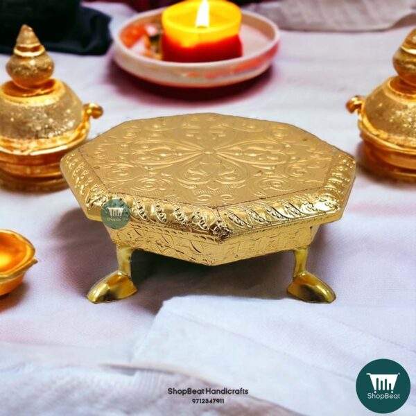 ShopBeat Golden Oxidised Octagon Metal Leg Wooden Pooja Chowki 6x6