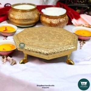 ShopBeat Golden Oxidised Octagon Metal Leg Wooden Pooja Chowki 8x8 Inches