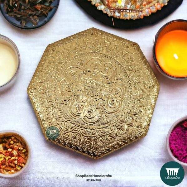 ShopBeat Golden Oxidised Octagon Metal Leg Wooden Pooja Chowki 8x8 Inches