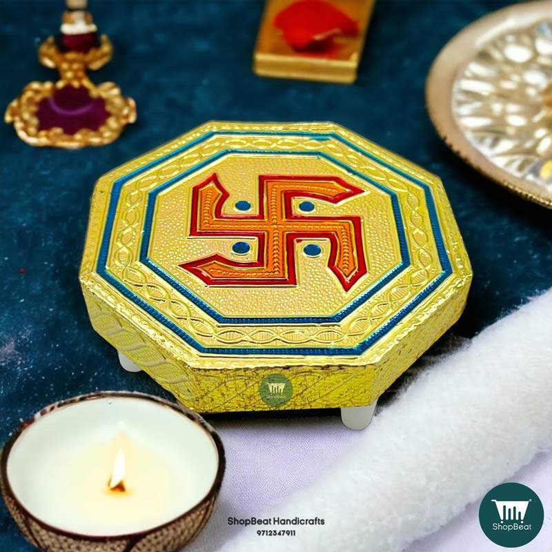 ShopBeat Golden Oxidised Octagon Swastik Wooden Pooja Chowki 4x4 Inches