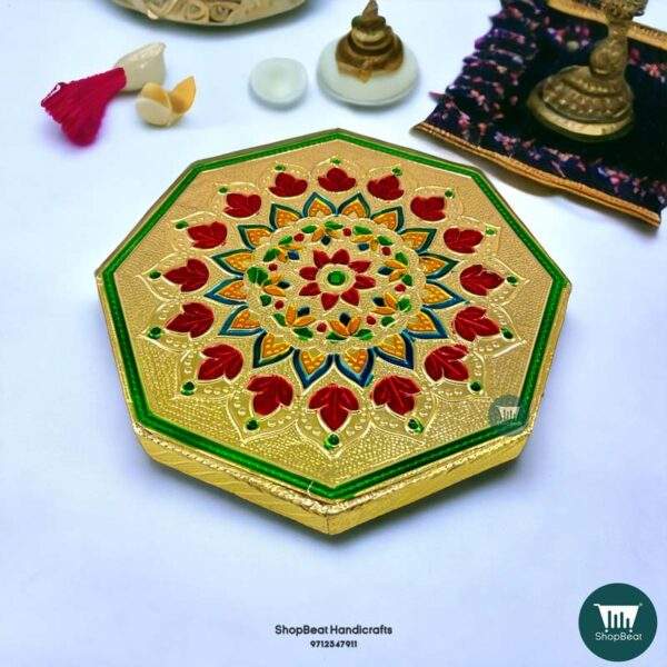 ShopBeat Golden Oxidised Octagon Wooden Pooja Chowki 6x6 Inches