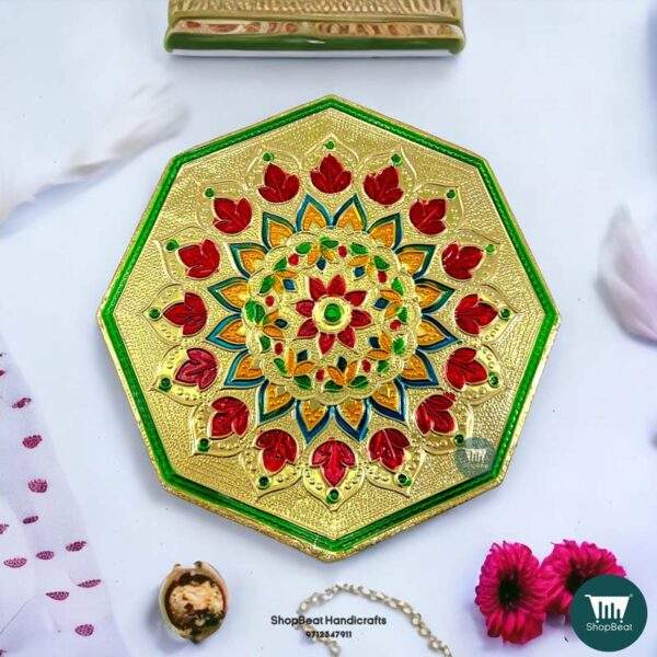 ShopBeat Golden Oxidised Octagon Wooden Pooja Chowki 6x6 Inches