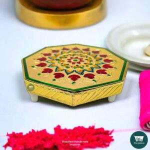 ShopBeat Golden Oxidised Octagon Wooden Pooja Chowki 6x6 Inches