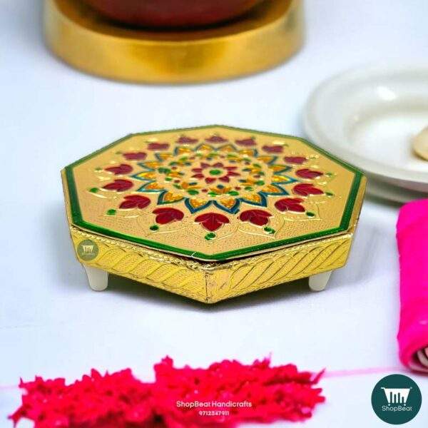 ShopBeat Golden Oxidised Octagon Wooden Pooja Chowki 6x6 Inches