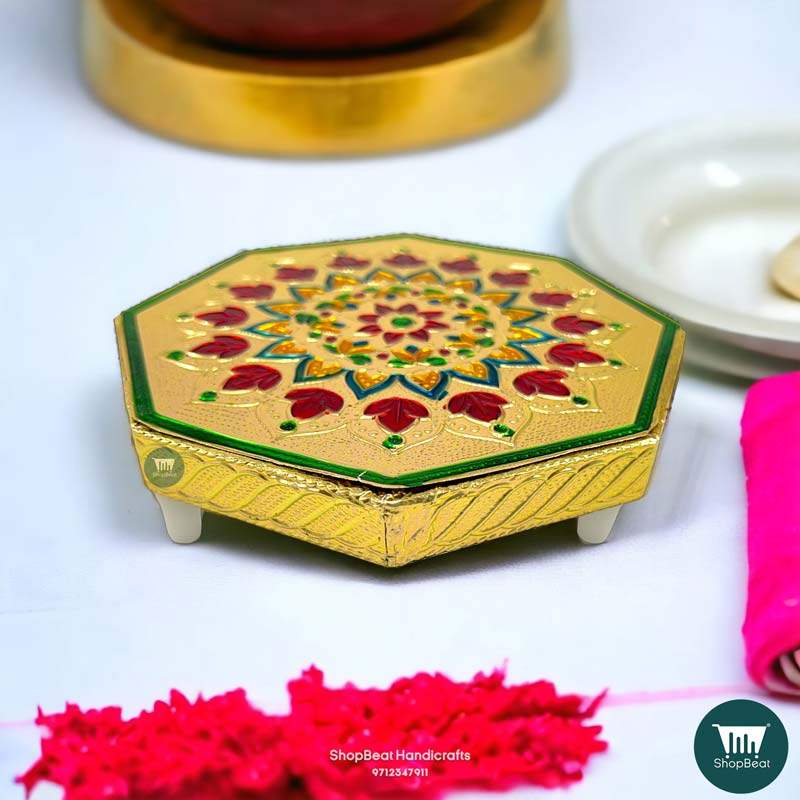 ShopBeat Golden Oxidised Octagon Wooden Pooja Chowki 6x6 Inches