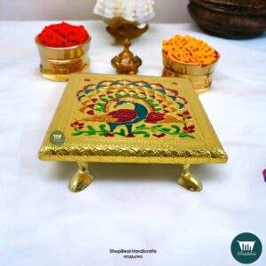ShopBeat Golden Oxidised Peacock Meena Metal Leg Wooden Pooja Chowki 6x6 Inches