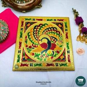 ShopBeat Golden Oxidised Peacock Metal Leg Wooden Pooja Chowki 12x12 Inches