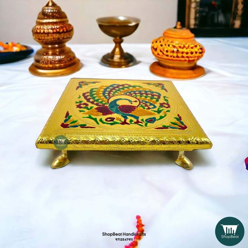 ShopBeat Golden Oxidised Peacock Metal Leg Wooden Pooja Chowki 8x8 Inches