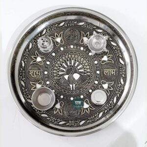 ShopBeat Golden Oxidised Peacock Stainless Steel Pooja Thali 11 inch