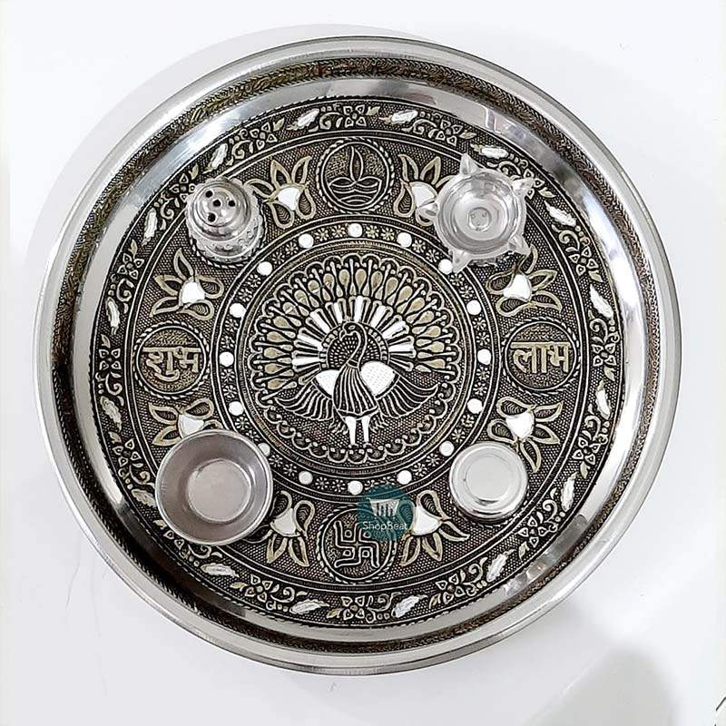 ShopBeat Golden Oxidised Peacock Stainless Steel Pooja Thali 11 inch
