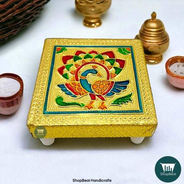 ShopBeat Golden Oxidised Peacock Wooden Pooja Chowki 3x3 inches