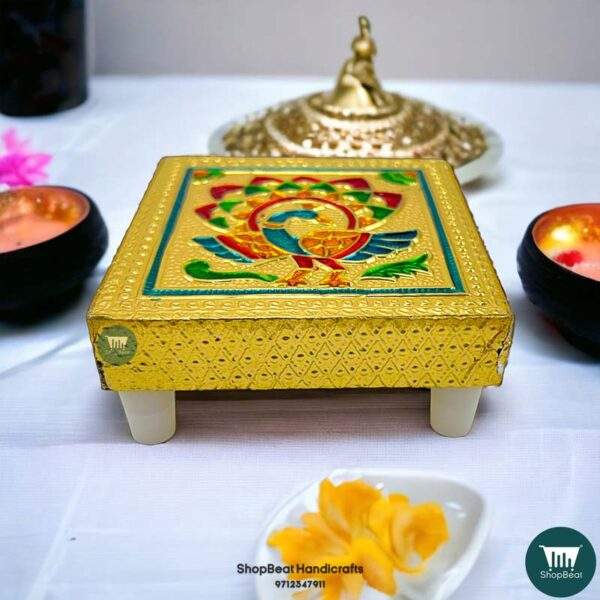 ShopBeat Golden Oxidised Peacock Wooden Pooja Chowki 3x3 inches