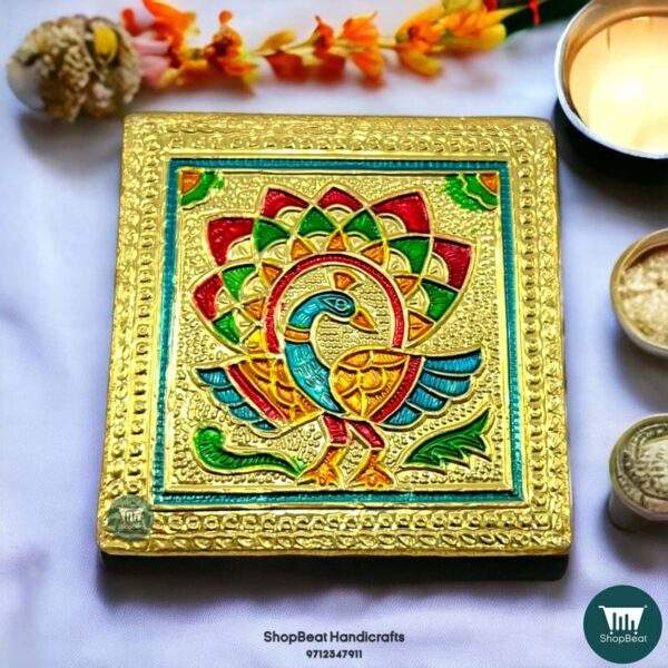 ShopBeat Golden Oxidised Peacock Wooden Pooja Chowki 3x3 inches