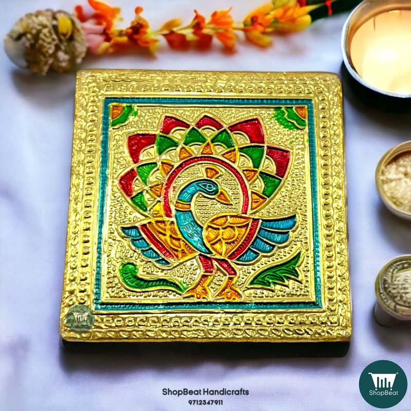 ShopBeat Golden Oxidised Peacock Wooden Pooja Chowki 3x3 inches