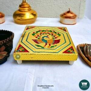 ShopBeat Golden Oxidised Peacock Wooden Pooja Chowki 5x5 Inches