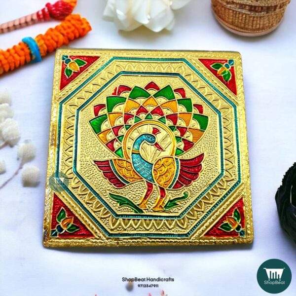 ShopBeat Golden Oxidised Peacock Wooden Pooja Chowki 5x5 Inches