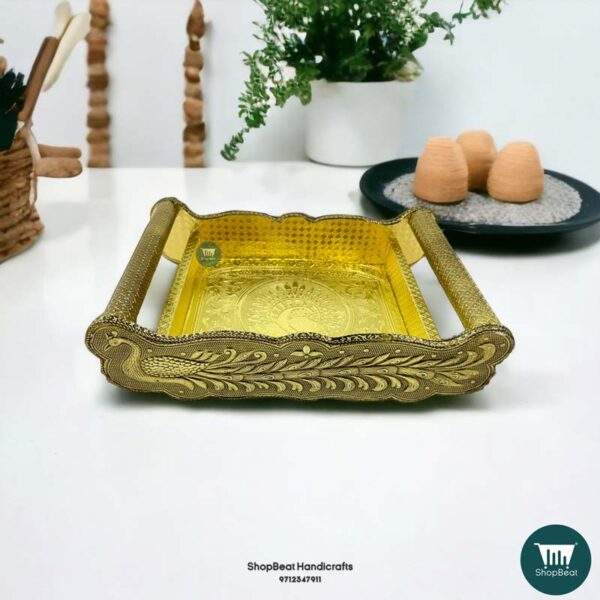 ShopBeat Golden Oxidised Peacock Wooden Serving Tray