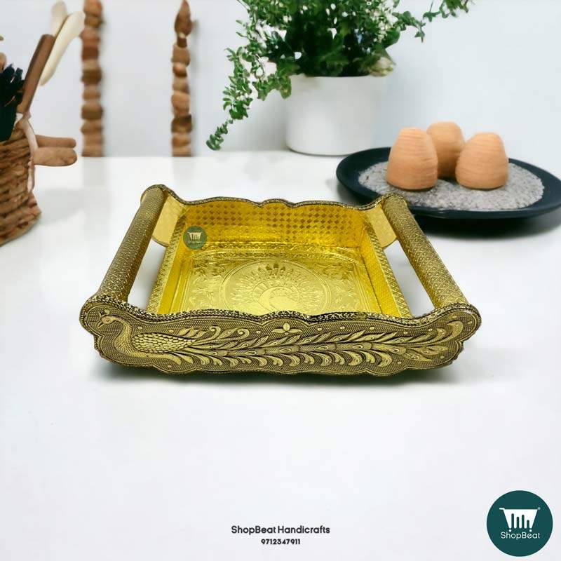 ShopBeat Golden Oxidised Peacock Wooden Serving Tray
