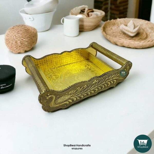 ShopBeat Golden Oxidised Peacock Wooden Serving Tray