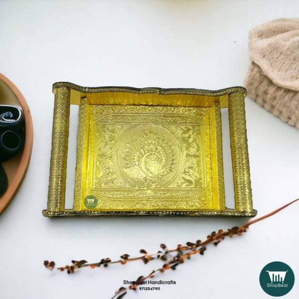 ShopBeat Golden Oxidised Peacock Wooden Serving Tray
