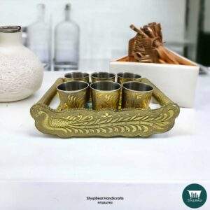 ShopBeat Golden Oxidised Peacock Wooden Serving Tray With 6 Stainless Steel Water Glass Set