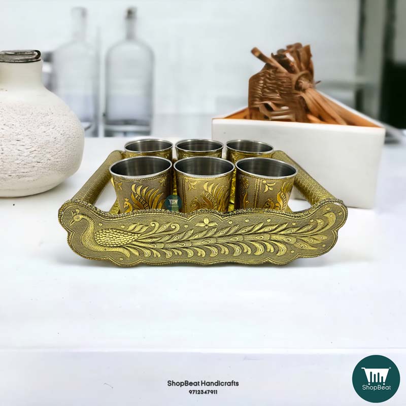 ShopBeat Golden Oxidised Peacock Wooden Serving Tray With 6 Stainless Steel Water Glass Set