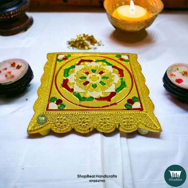 ShopBeat Golden Oxidised Plastic Pooja Chowki 4.5x4.5 Inches