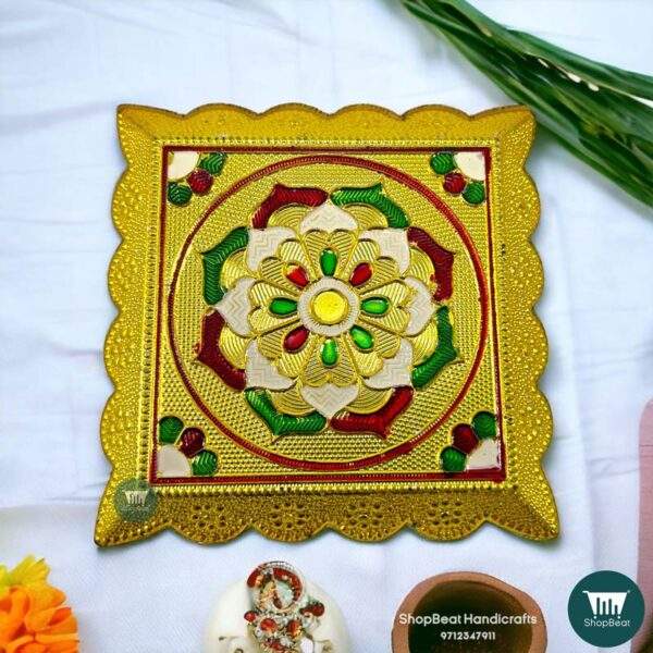 ShopBeat Golden Oxidised Plastic Pooja Chowki 4.5x4.5 Inches