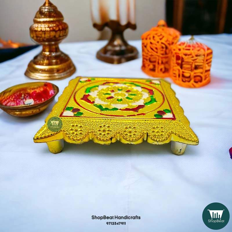 ShopBeat Golden Oxidised Plastic Pooja Chowki 4.5x4.5 Inches