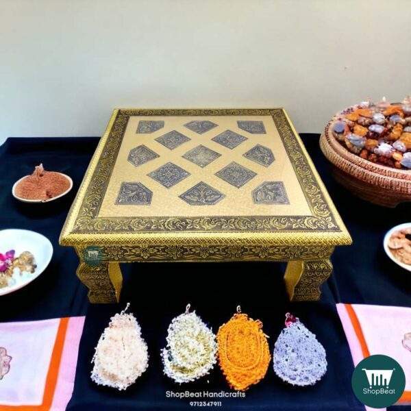 Pooja Chowki\ShopBeat Golden Oxidised Rexine Wooden Pooja Chowki 15x15 inch
