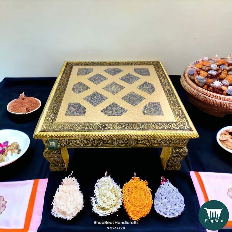 Pooja Chowki\ShopBeat Golden Oxidised Rexine Wooden Pooja Chowki 15x15 inch