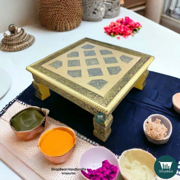 Pooja Chowki\ShopBeat Golden Oxidised Rexine Wooden Pooja Chowki 15x15 inch