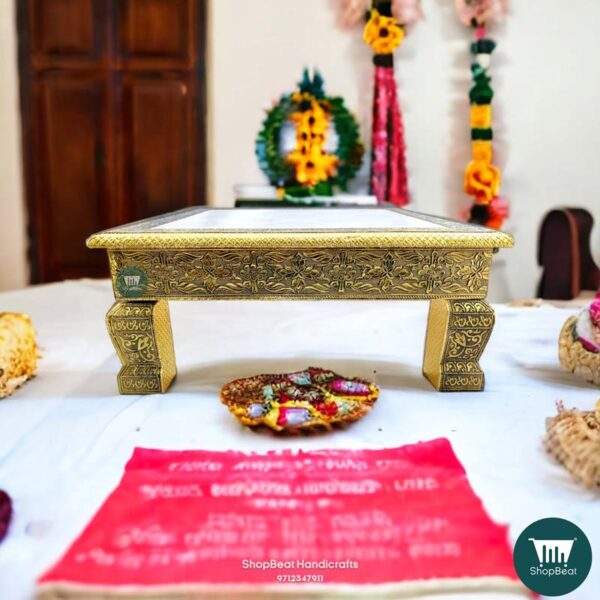Pooja Chowki\ShopBeat Golden Oxidised Rexine Wooden Pooja Chowki 15x15 inch