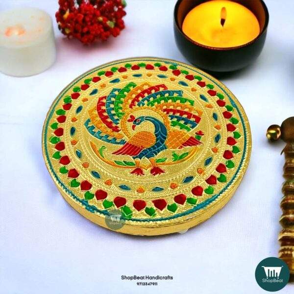 ShopBeat Golden Oxidised Round Peacock Wooden Pooja Chowki 6x6 Inches