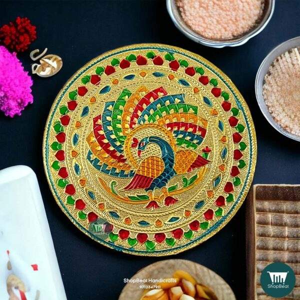 ShopBeat Golden Oxidised Round Peacock Wooden Pooja Chowki 6x6 Inches